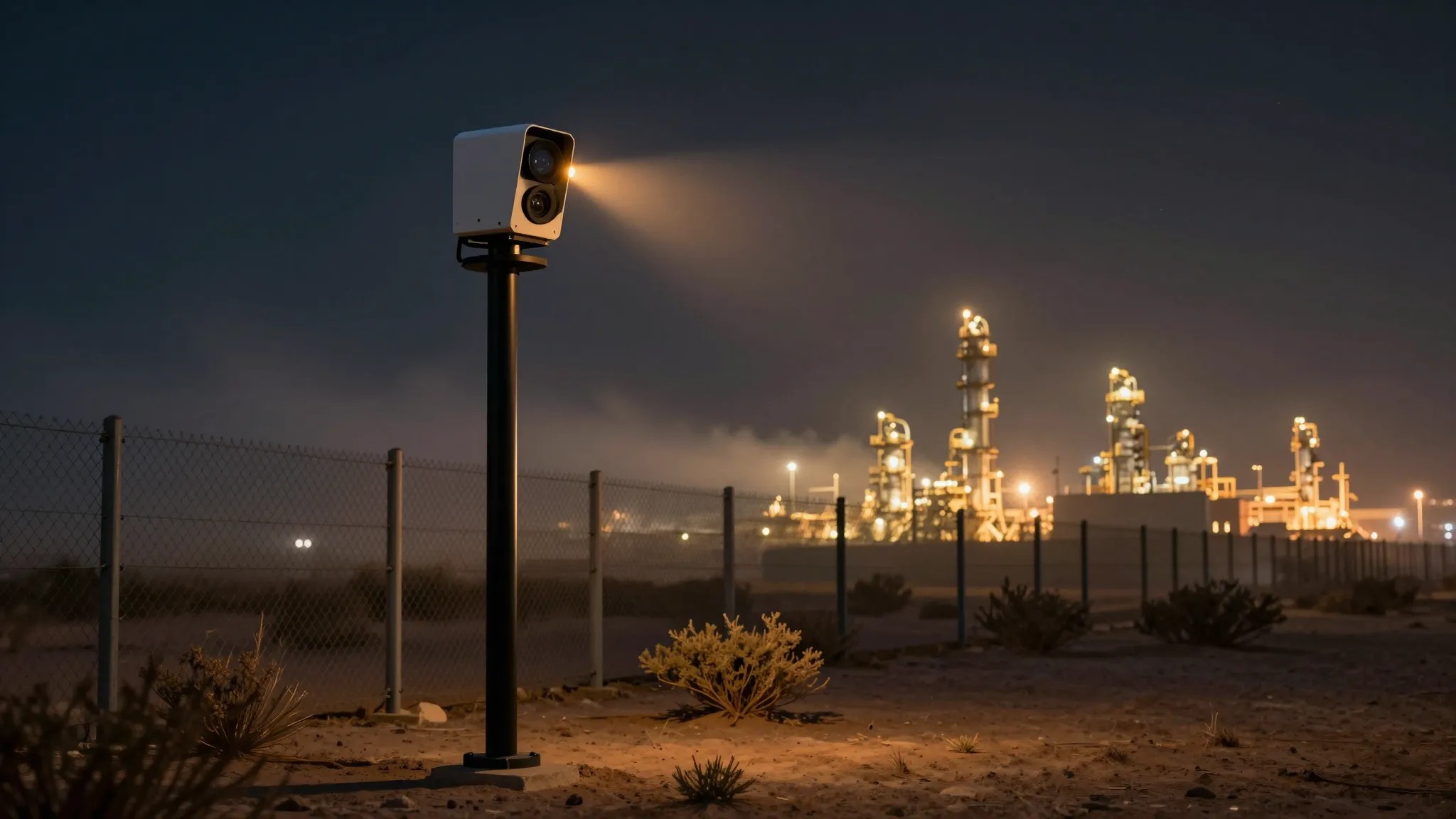 Neuromorphic perimeter sensor mast watching a critical infrastructure fence line at dusk