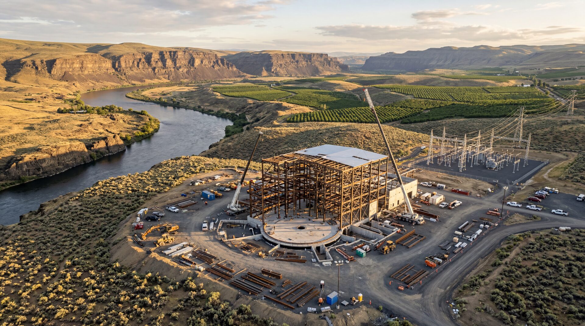 Aerial view of a compact industrial fusion power plant at golden hour