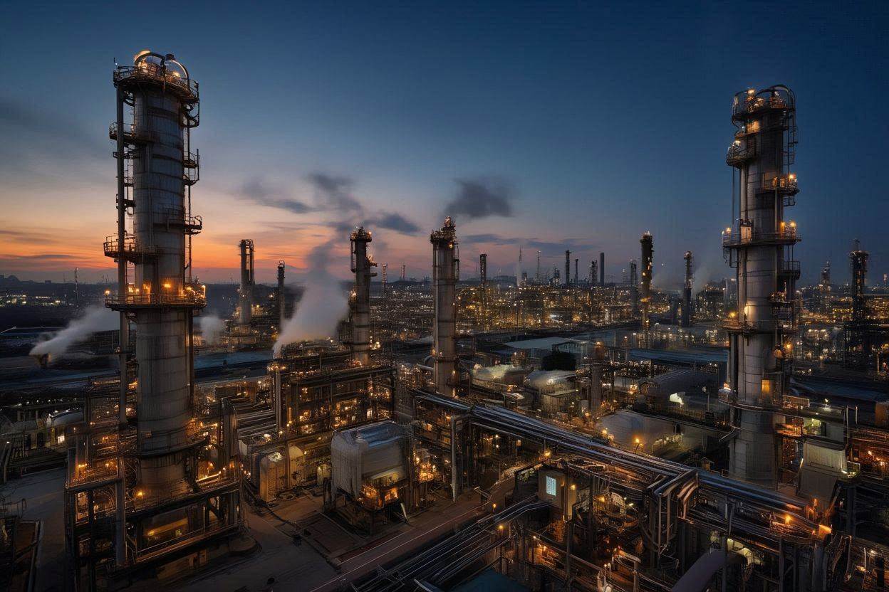 Refinery at dusk with process units lit