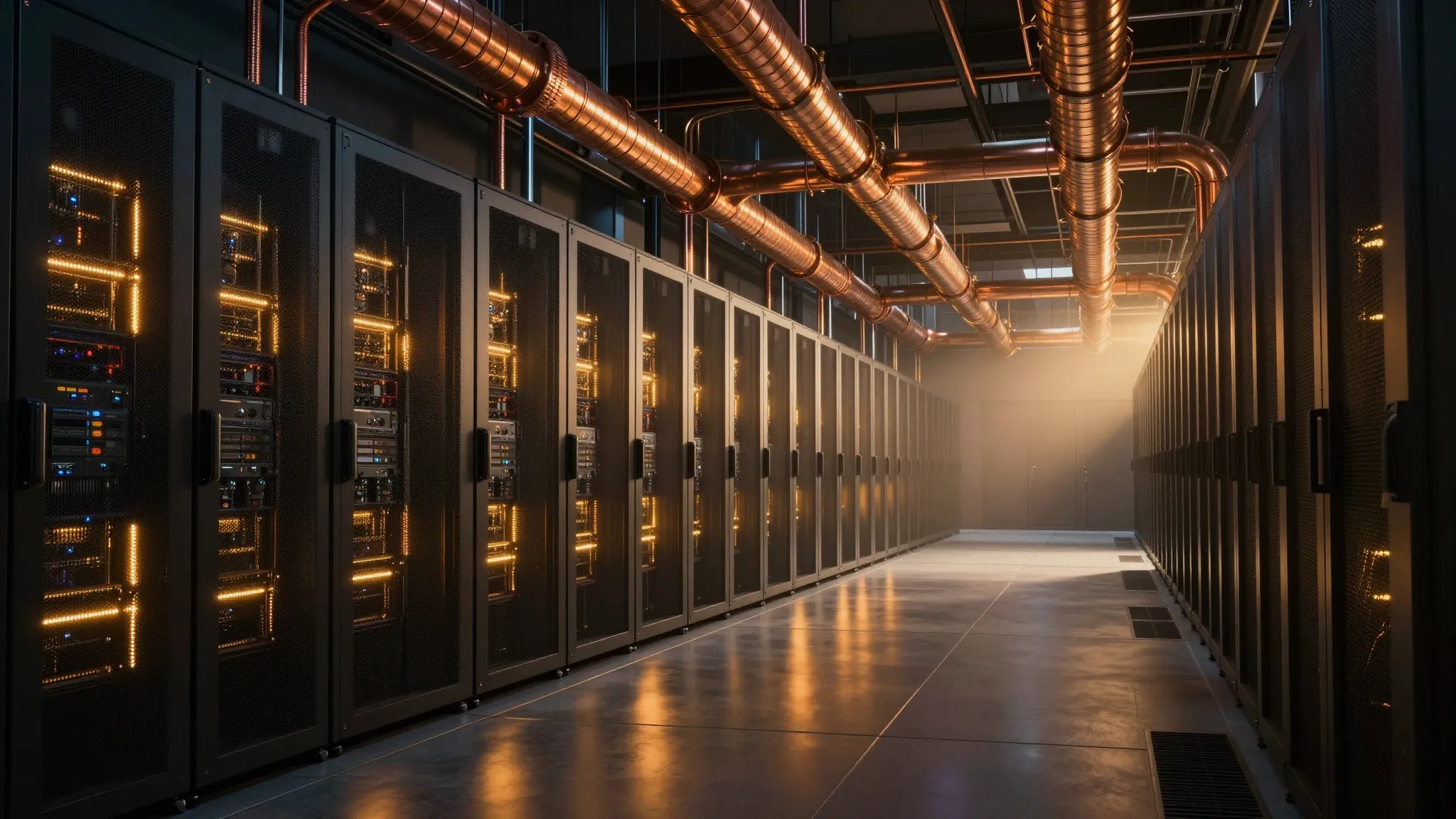 Liquid-cooled HPC server hall bathed in warm gold light beside a power facility