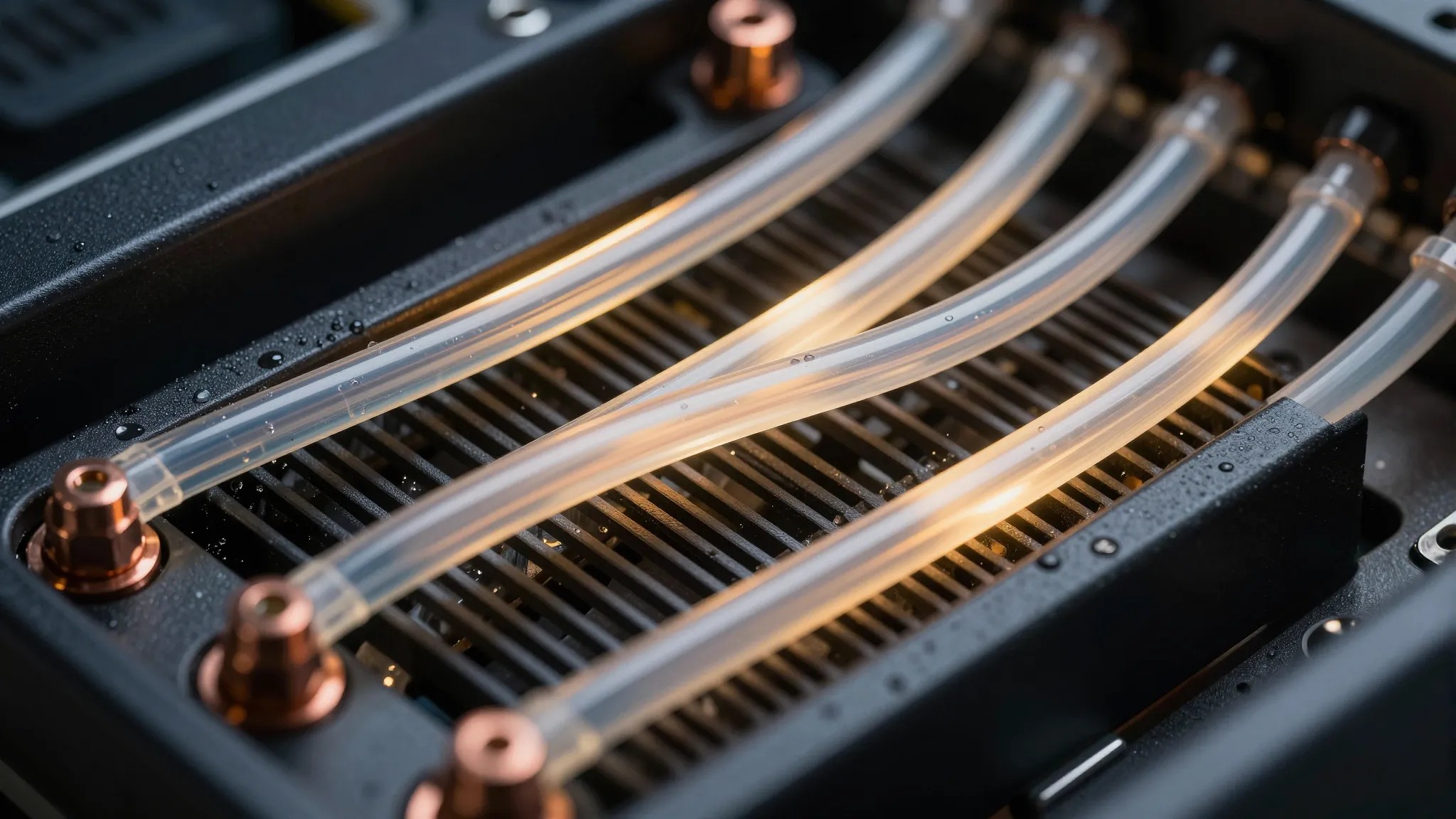 Direct liquid-cooled server racks with amber status lighting