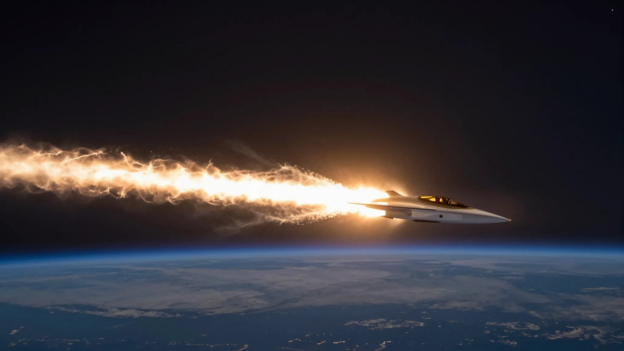 Plasma-sheathed hypersonic vehicle streaking through the upper atmosphere at dusk