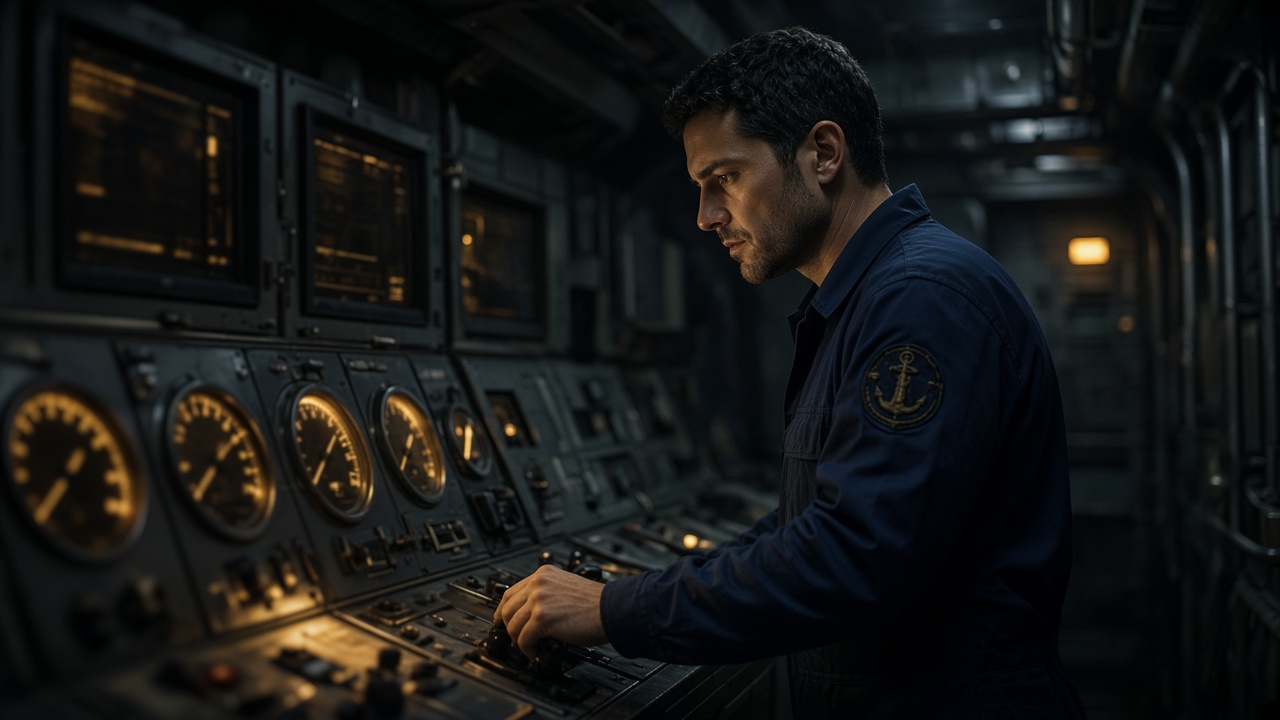 Modern ship engine control room with amber-lit consoles