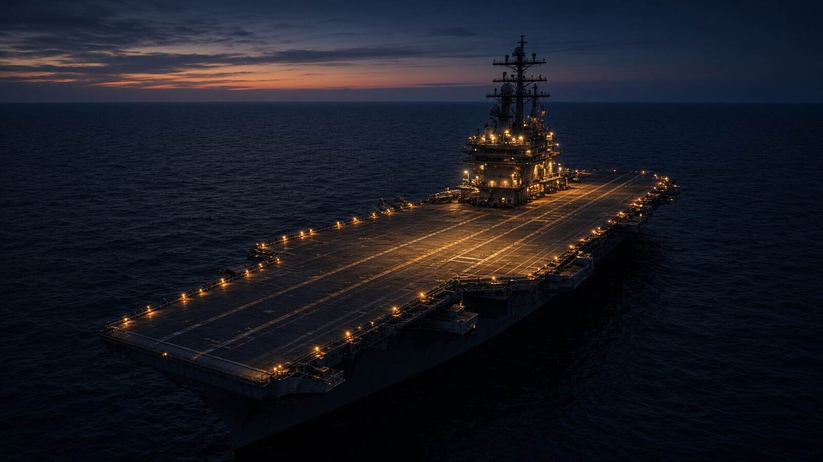 Naval vessel at sea with integrated sensor and control masts at dusk