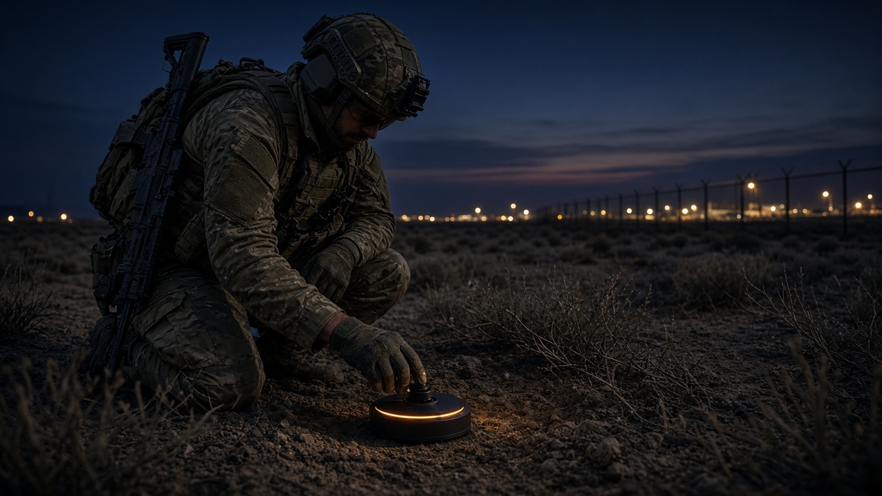 Soldier deploying a ground sensor node at dusk