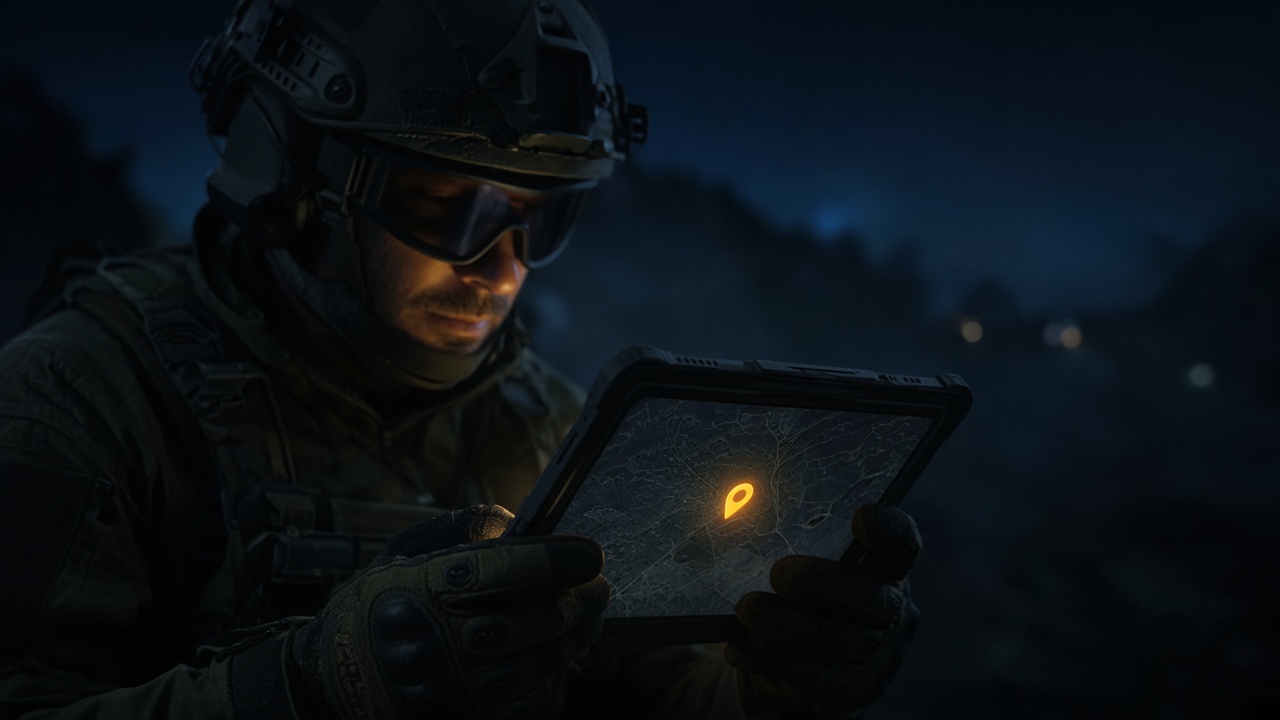 Soldier reviewing a fused alert on a ruggedized tablet at night