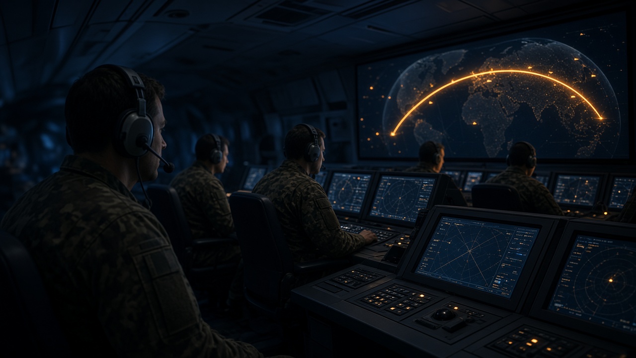 Uniformed watch team monitoring early-warning consoles