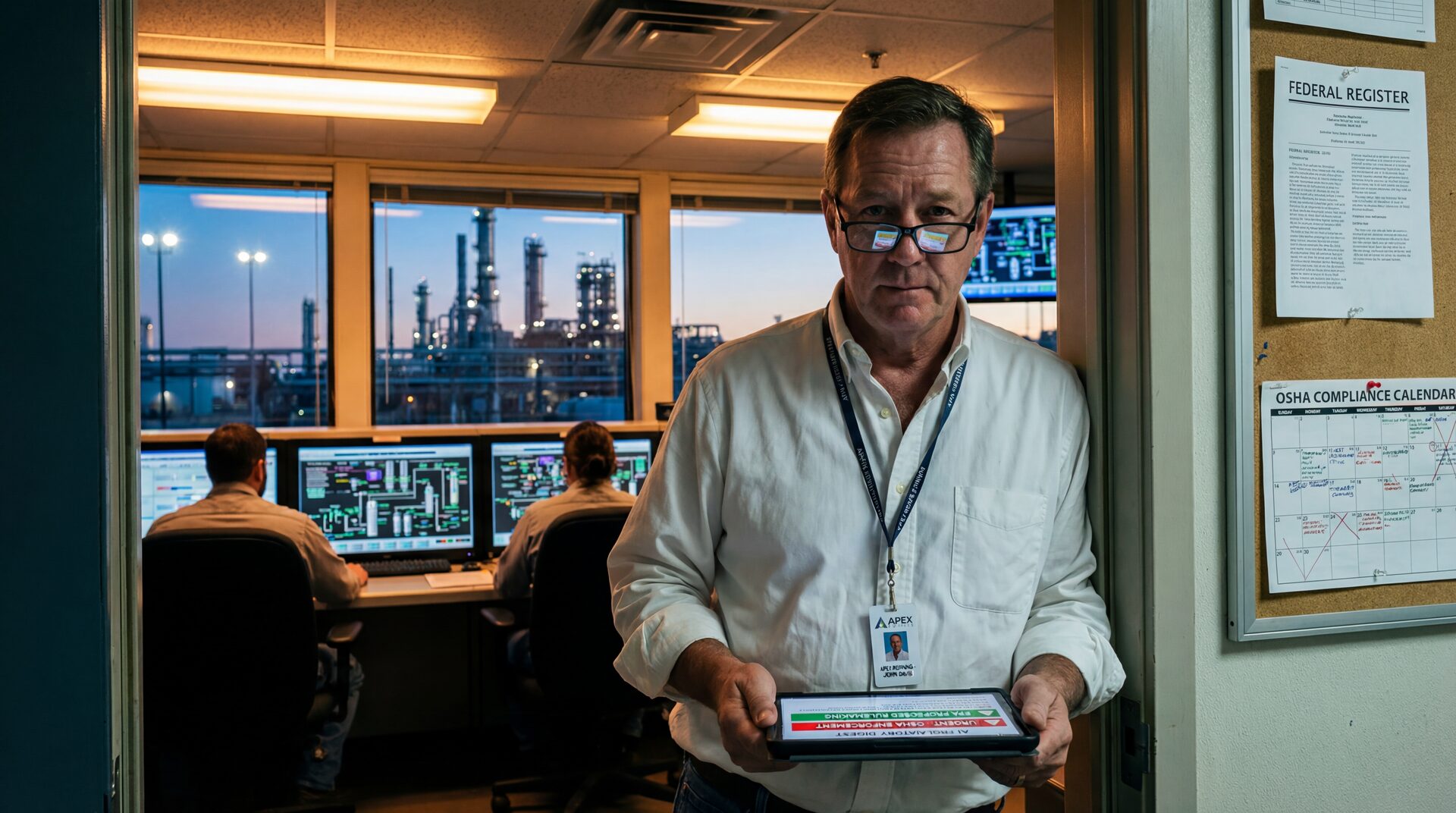 Plant manager in a refinery control room holding a tablet