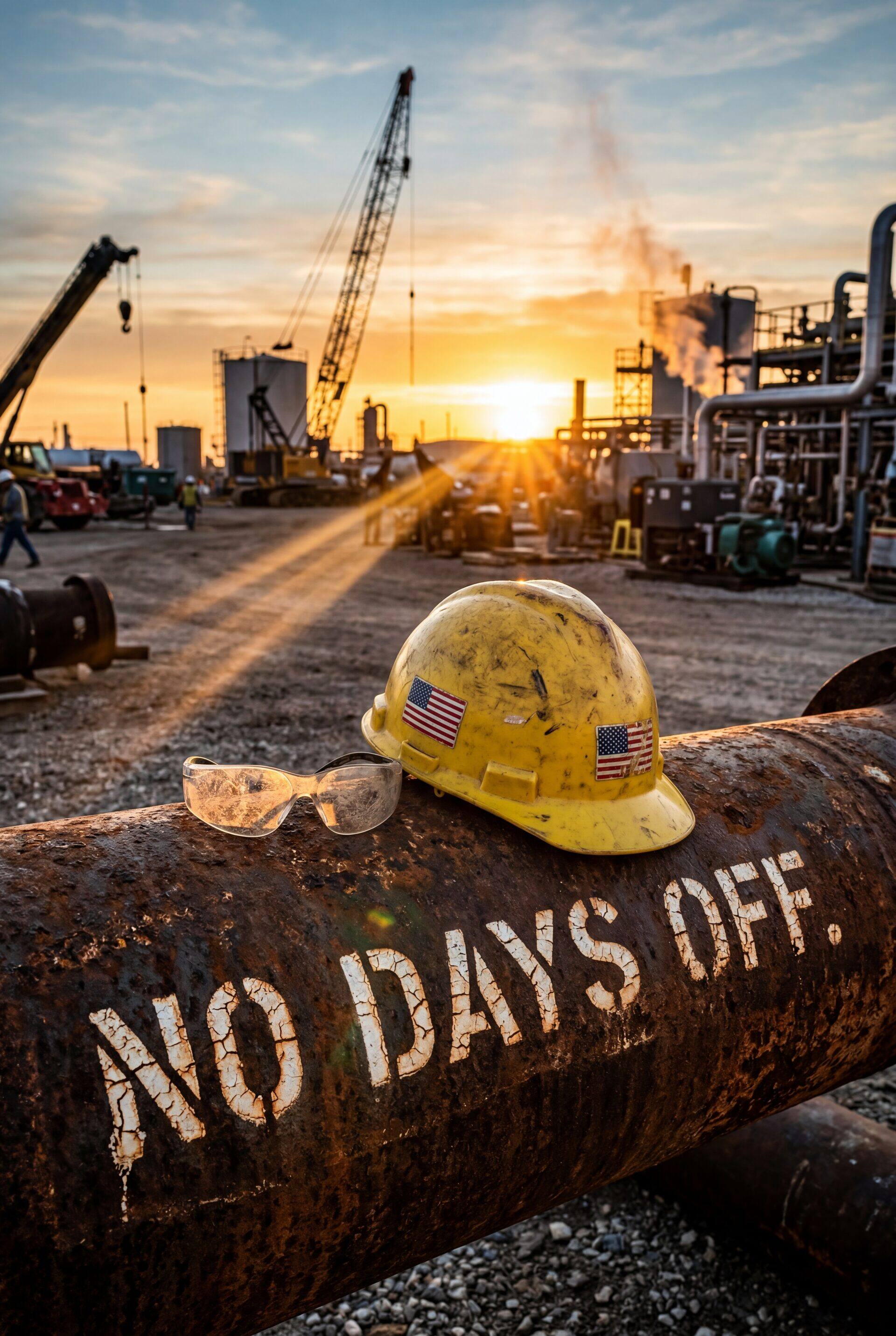 Hard hat and safety glasses resting on a pipe at sunrise in a refinery