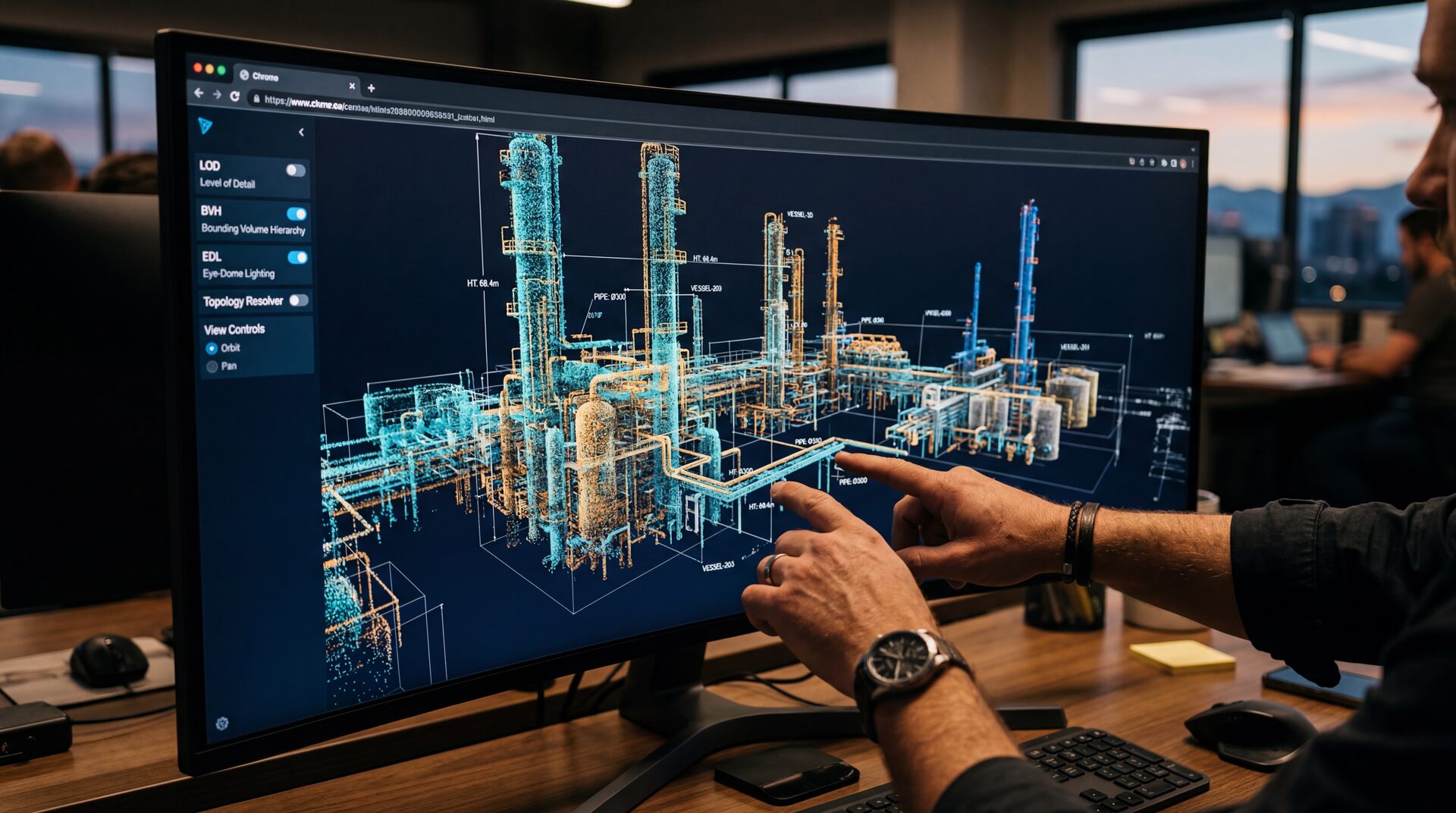 Engineer reviewing a 3D point-cloud plant model on a widescreen display