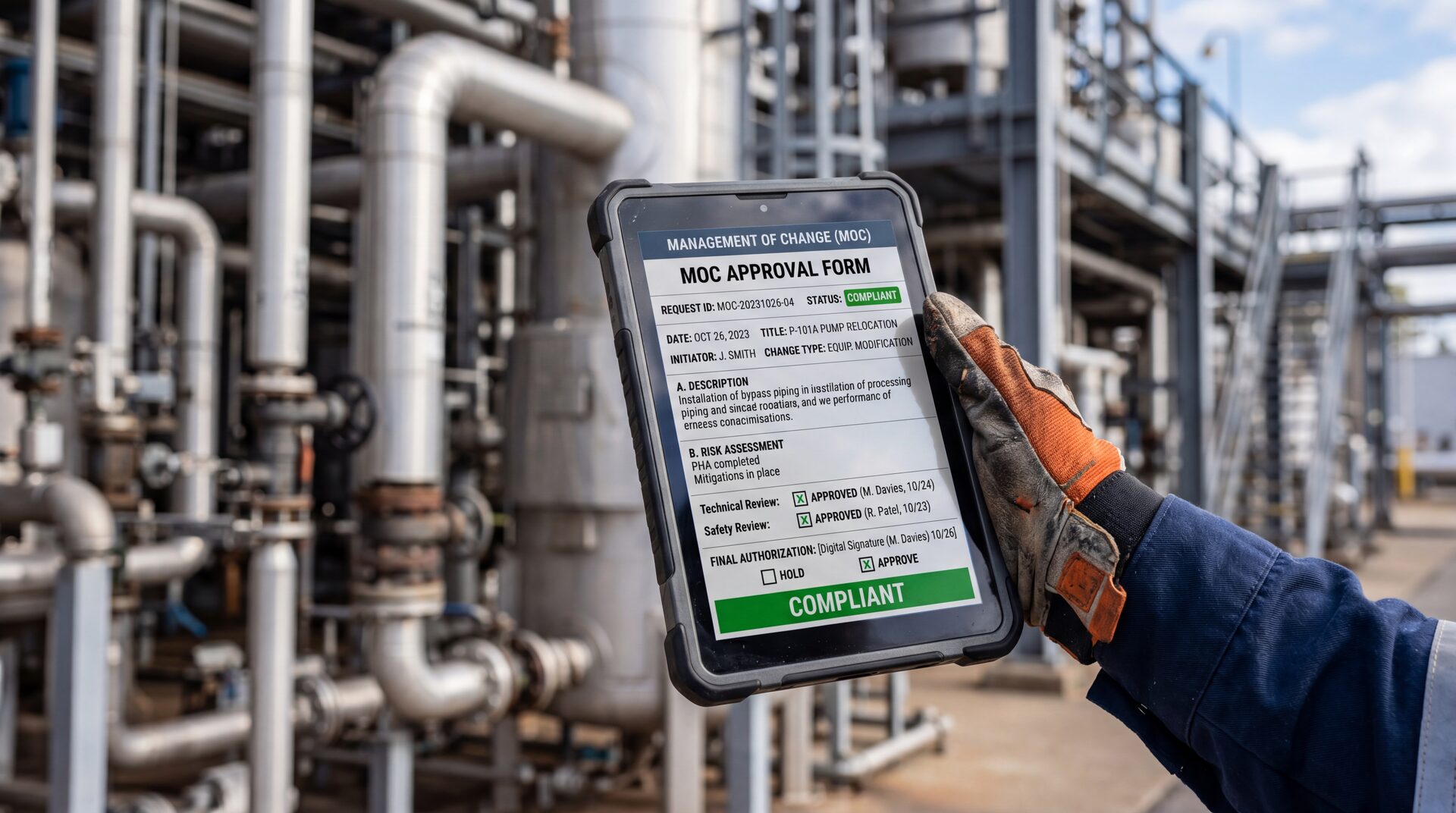 Refinery operator holding a ruggedized tablet showing an MOC approval form