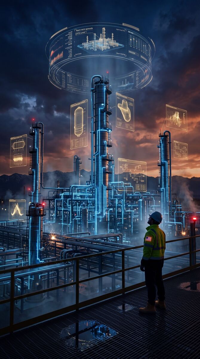Refinery at twilight with engineer on the platform