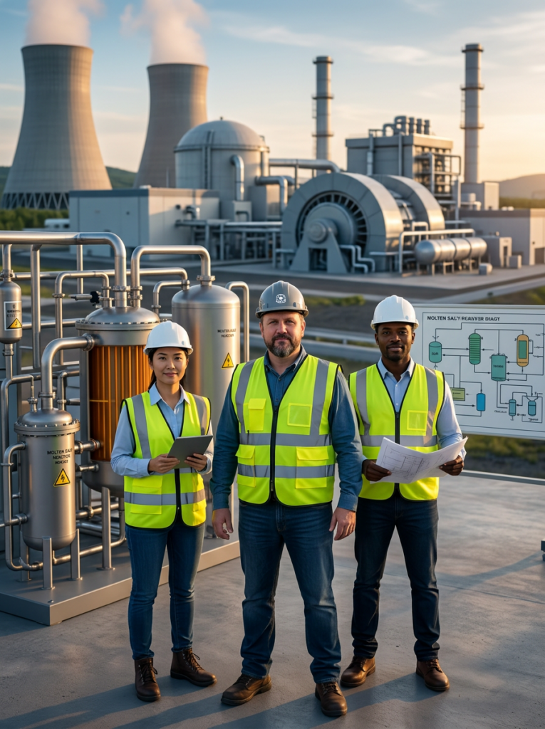 Team of nuclear engineers in hard hats at industrial facility