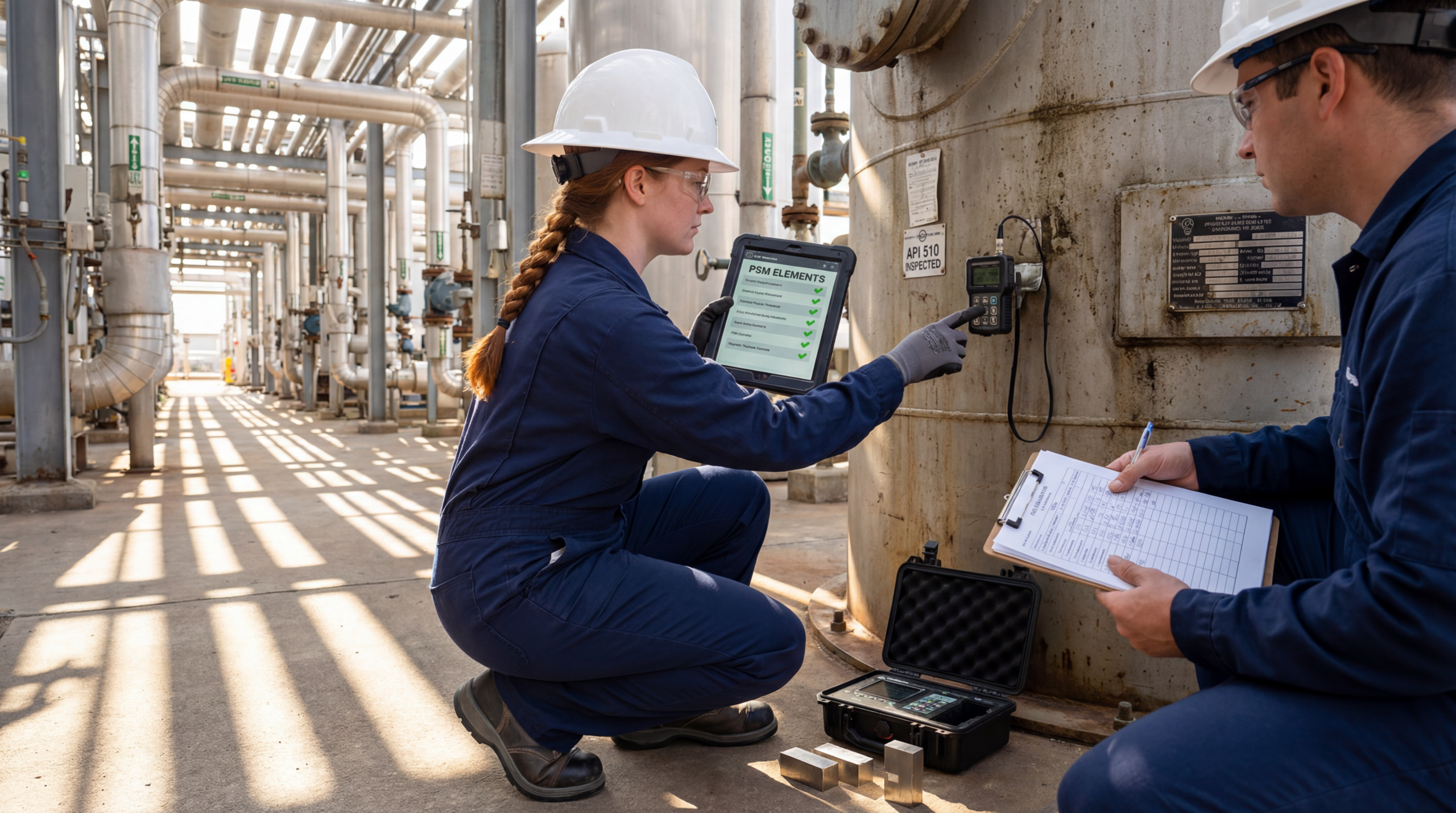 Hub-and-spoke diagram of the 14 OSHA PSM elements with a central PSM AI engine