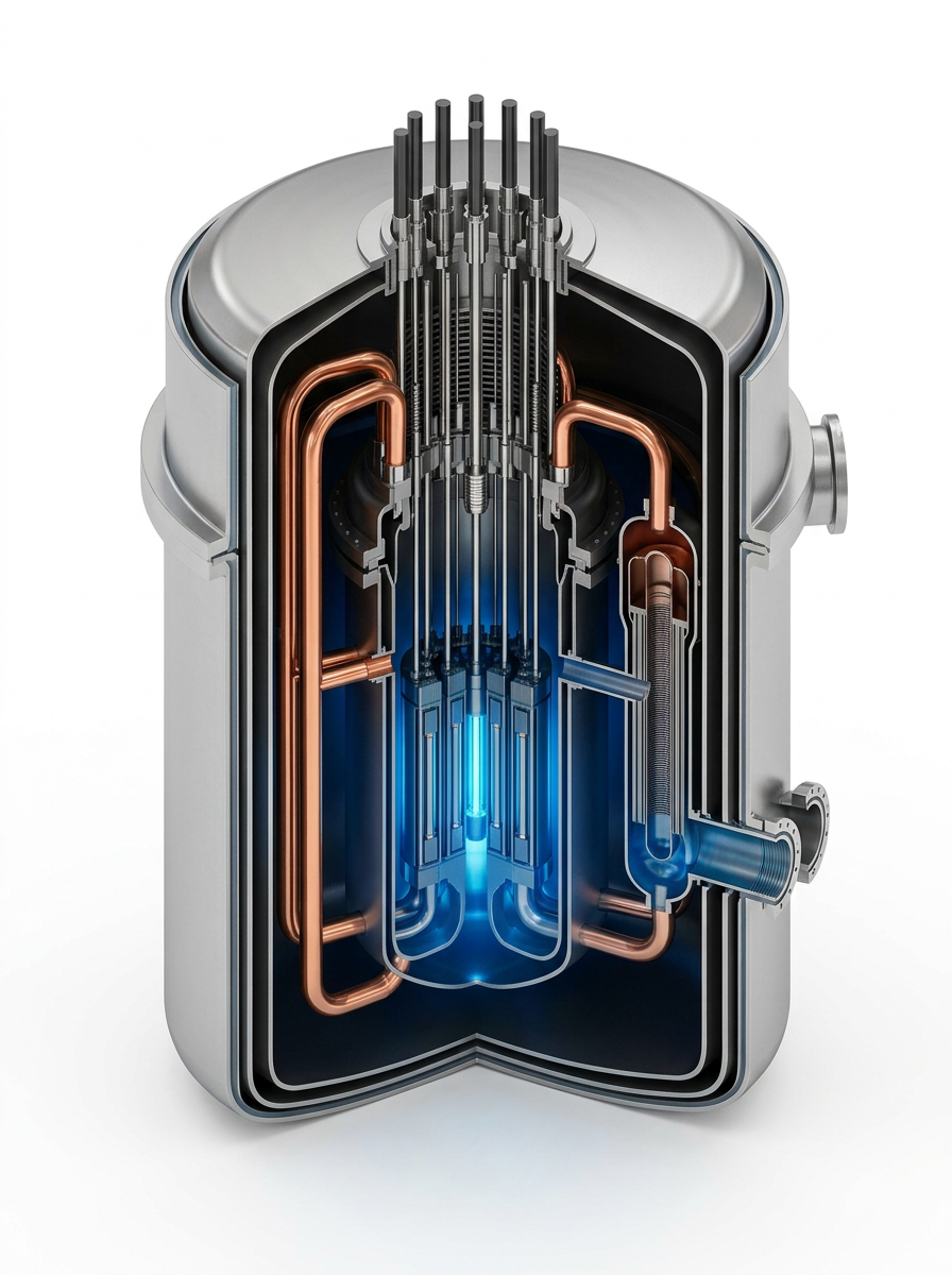 Cross-section cutaway of a small modular reactor showing core, coolant loops and pressure vessel