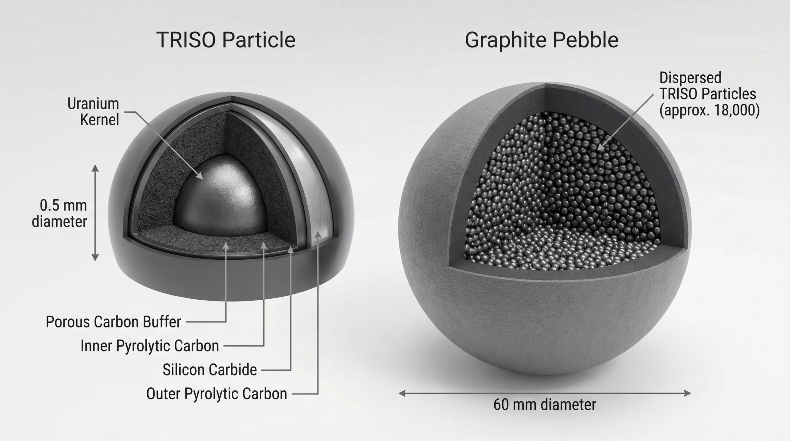 TRISO fuel particle cutaway — uranium kernel with SiC and pyrocarbon layers
