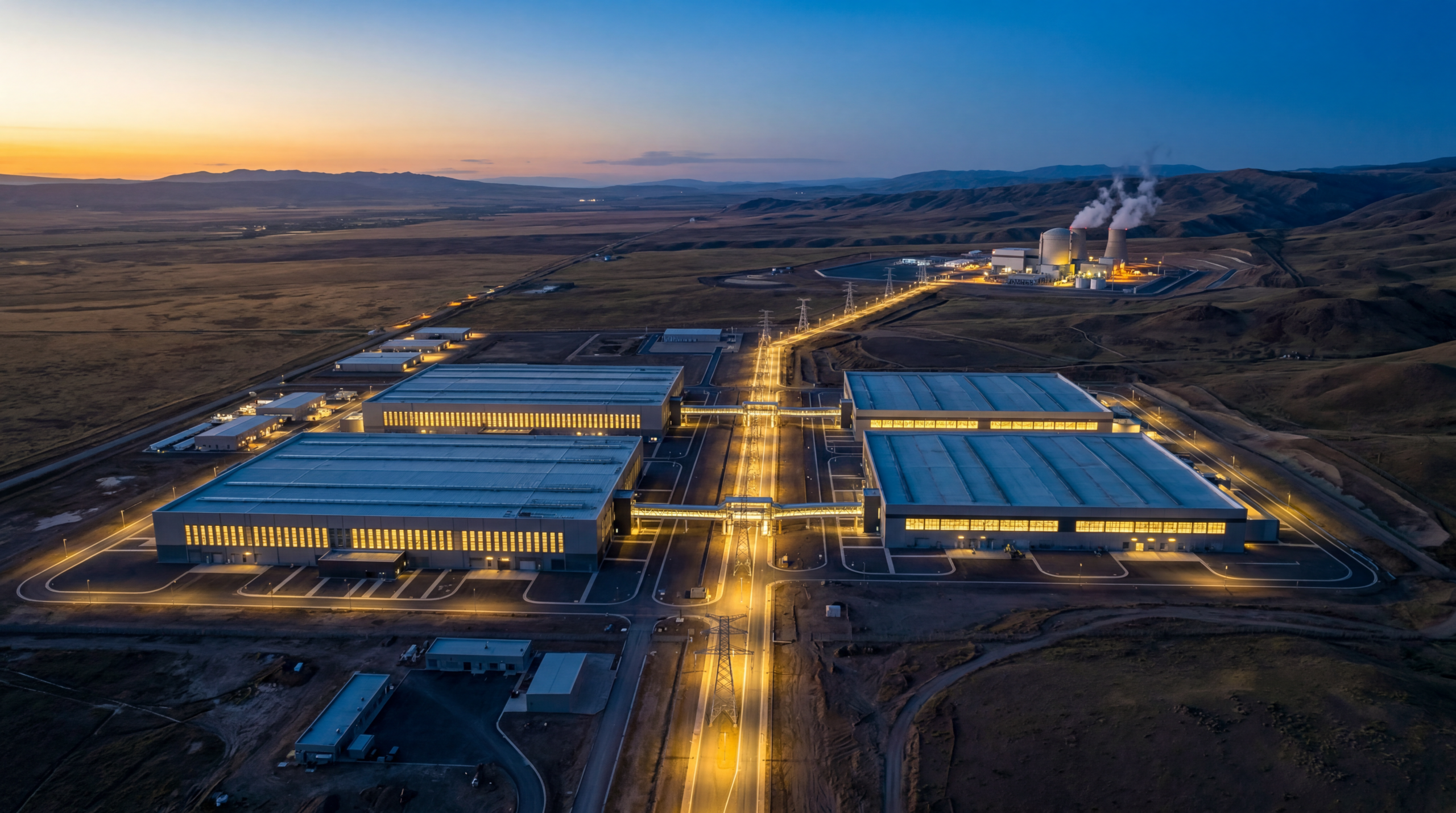 Aerial dusk photograph of an AI data center campus connected by transmission lines to a nuclear power facility in the background