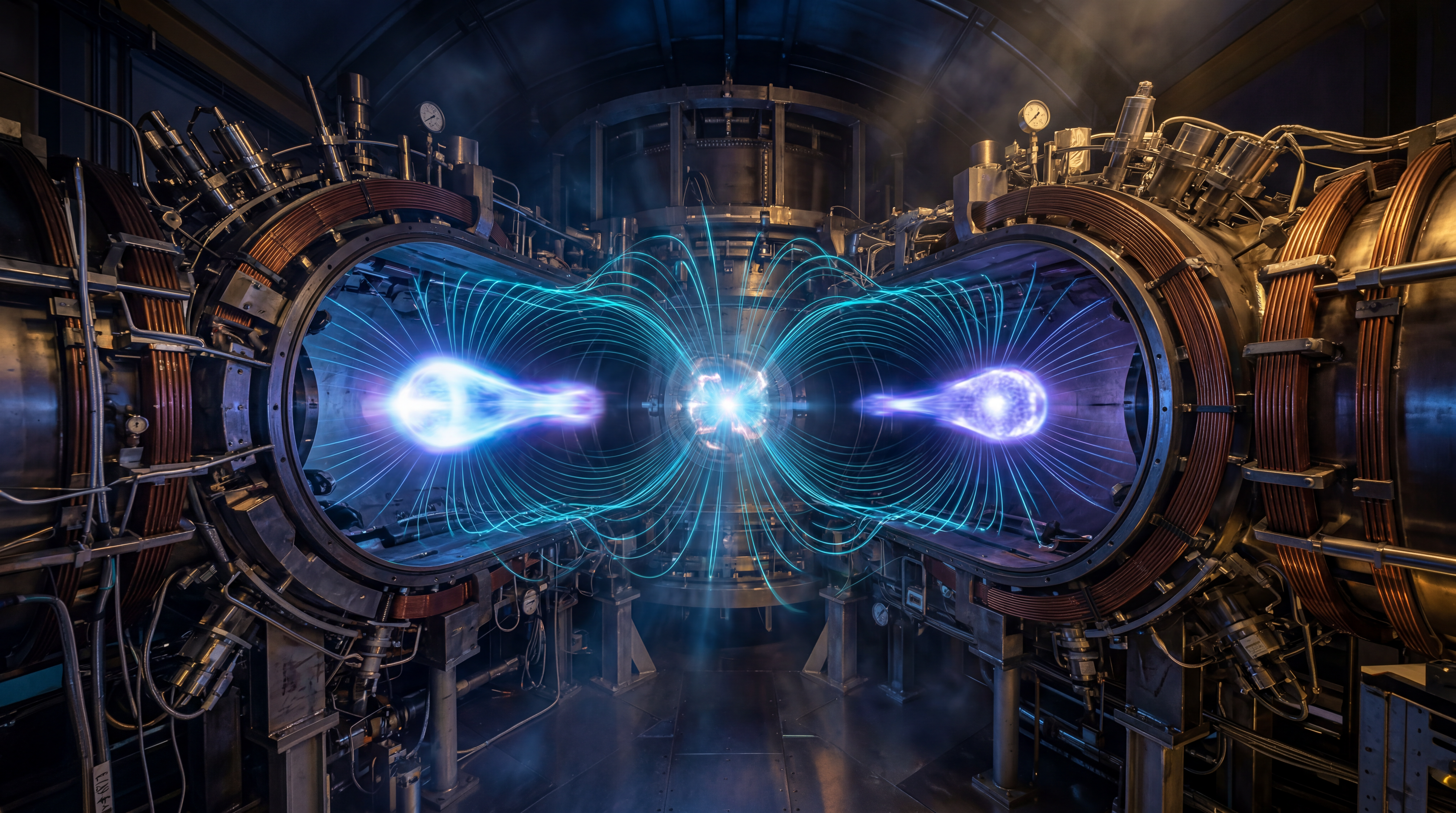 Cinematic wide-angle photograph of a Field Reversed Configuration fusion reactor chamber with two glowing plasmoids and visible magnetic field lines