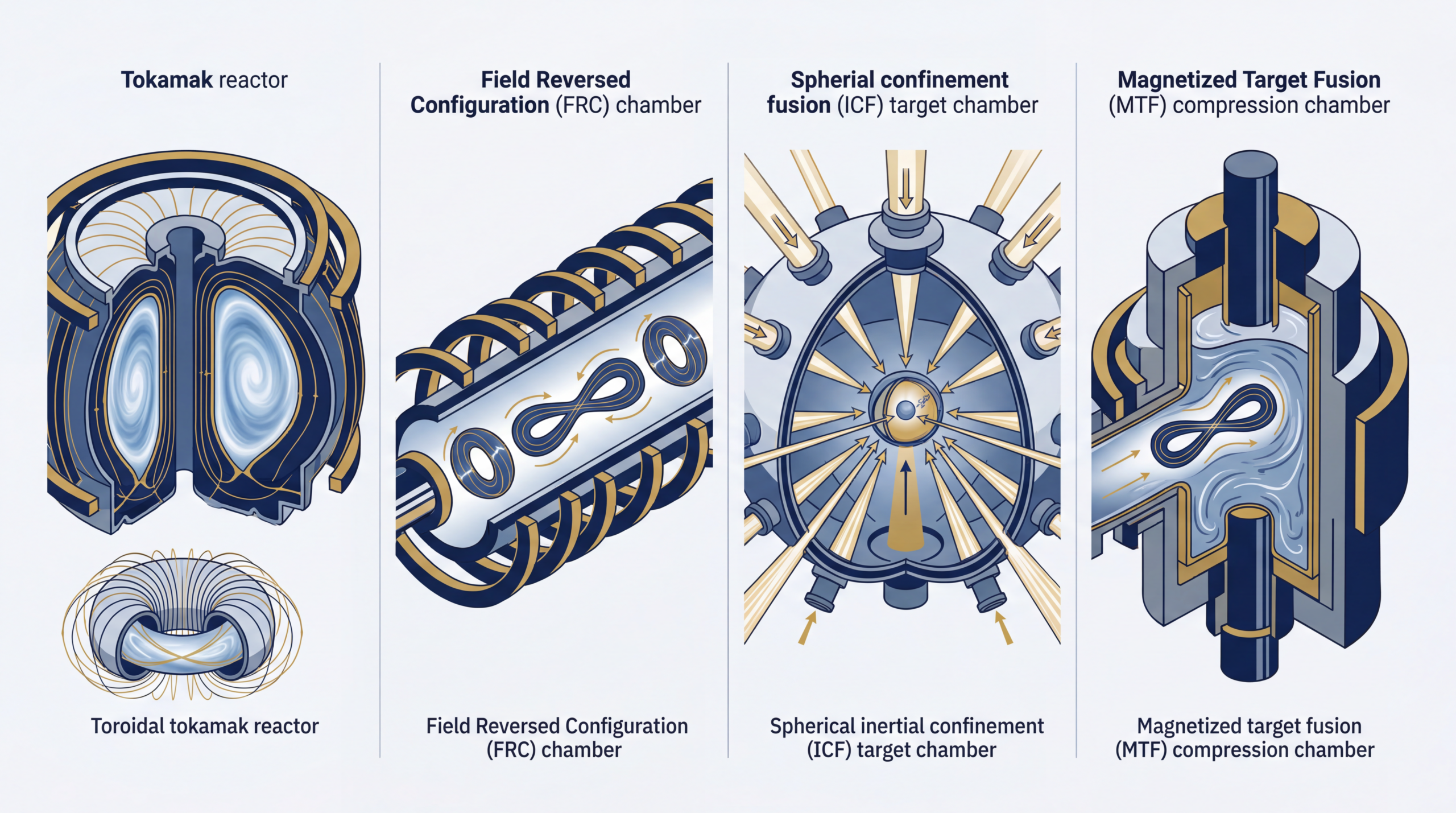 Comparison illustration of four fusion reactor architectures: tokamak, Field Reversed Configuration, inertial confinement fusion target, and magnetized target fusion compression chamber
