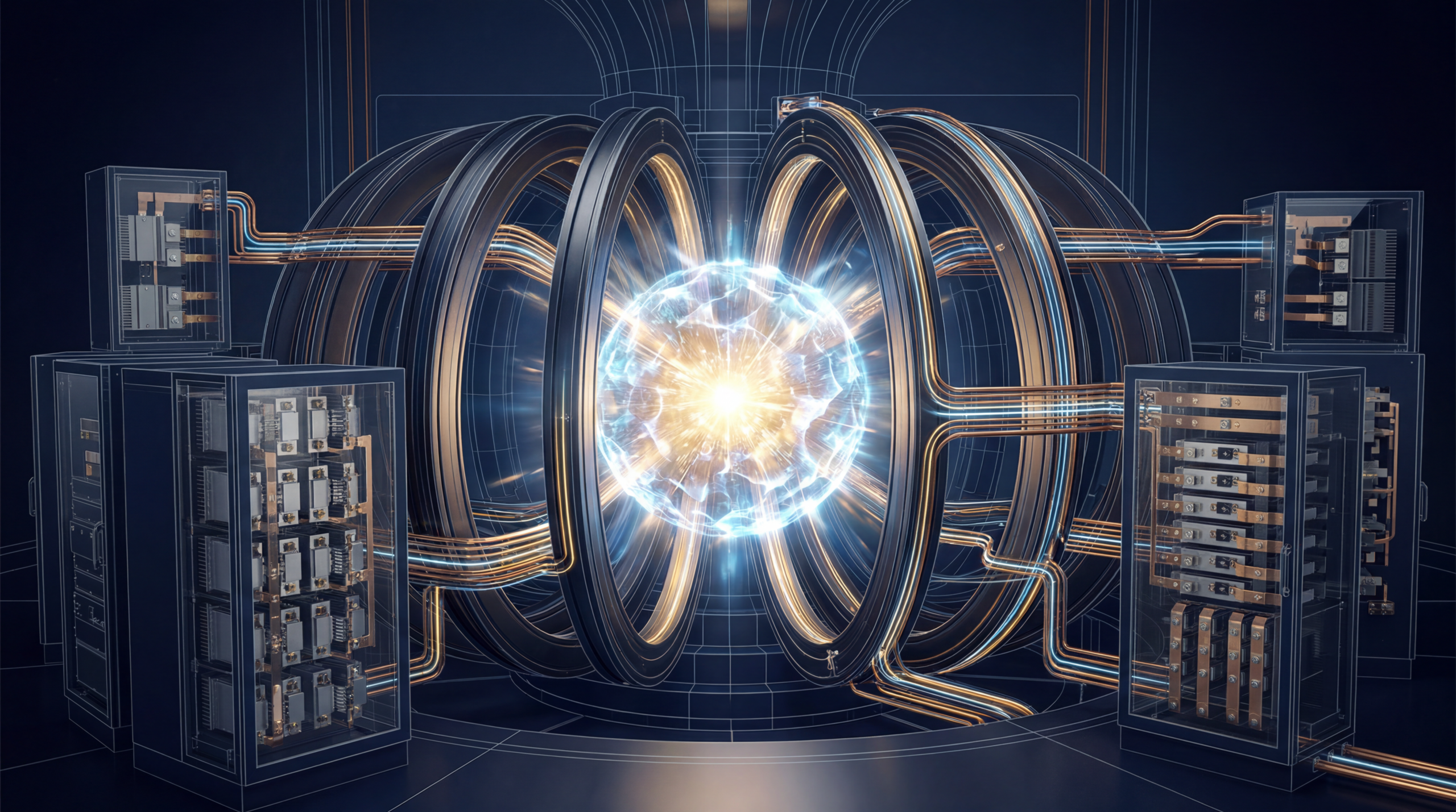 Technical illustration of pulsed direct energy conversion in a fusion reactor with copper conductors and power electronics cabinets